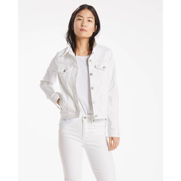 Levi’s Signature Gold White Denim Trucker Jacket Women’s Small Stretch Jean Coat - Picture 1 of 7
